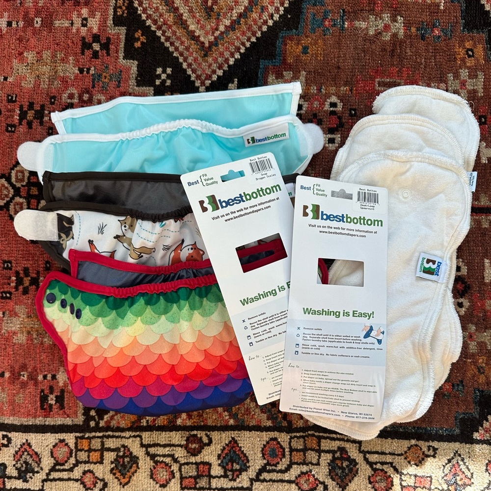 NWT Best Bottom Cloth Diapers, NEVER USED, three shells, 3 inserts, Snappi Clips